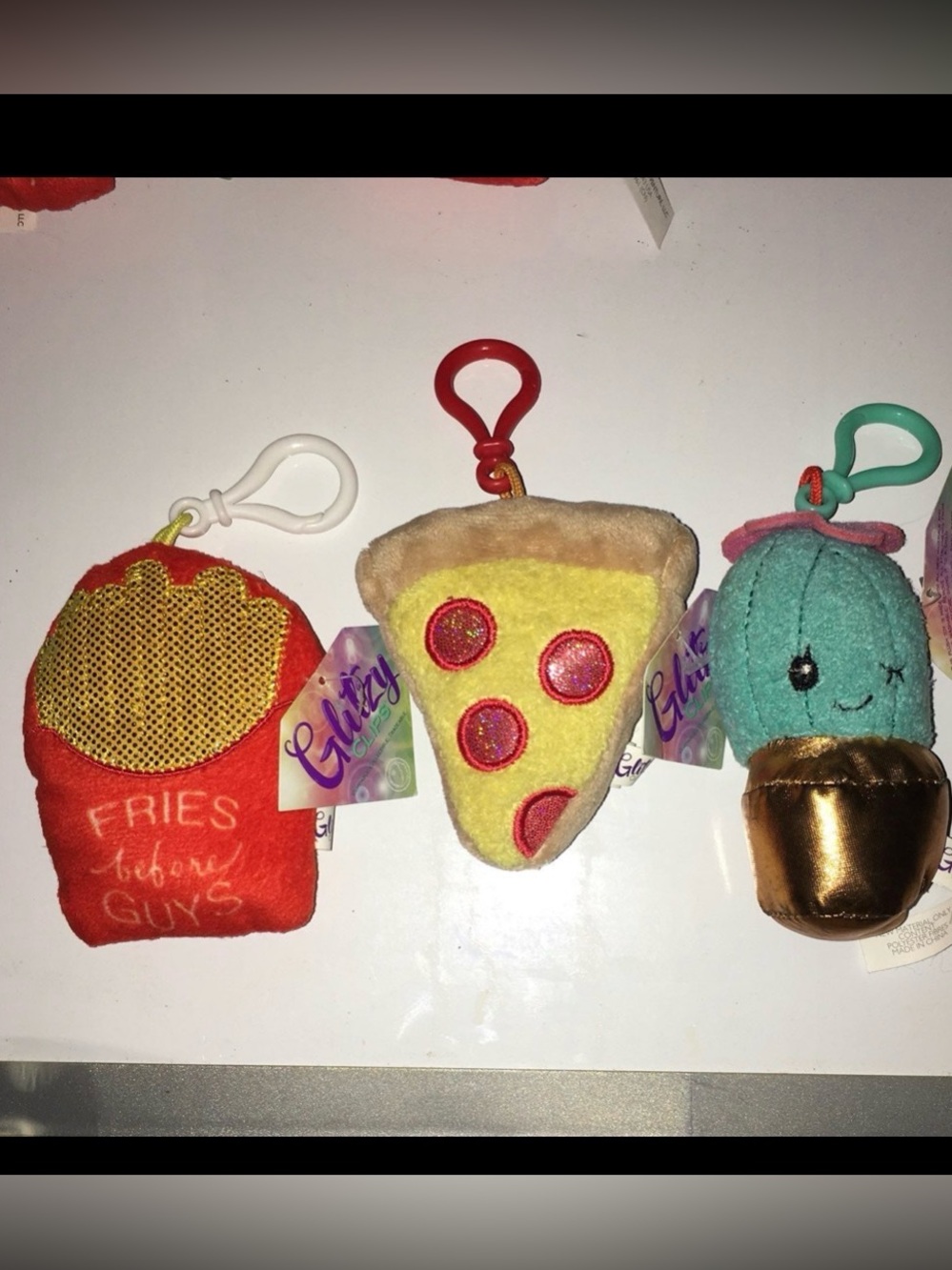 Glitzy Clips Plush Keychains bag charms  french Fries x2 pepperoni Pizza Cactus